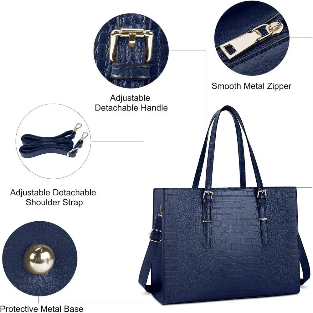 〽️Women Blue Leather Waterproof Professional Shoulder Bag 15.6 Inch Laptop Bag